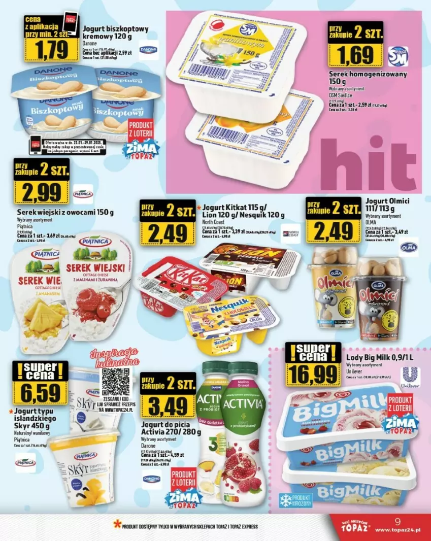 Gazetka promocyjna Topaz - ważna 23.01.2025 do 22.01.2026 - strona 28 - produkty: Activia, Big Milk, Danone, Isla, Jogurt, Lody, Nesquik, Olma, Piątnica, Ser, Serek, Serek homogenizowany, Serek wiejski, Top