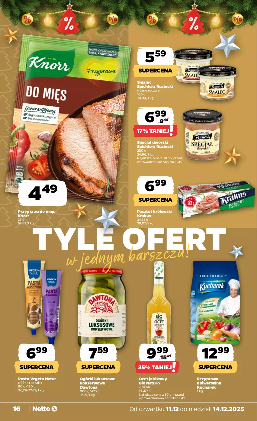 Gazetka promocyjna Netto - Od Czwartku - ważna 11.12 do 14.12.2025 - strona 16 - produkty: Dawtona, Knorr, Krakus, Królewski, Kucharek, Ocet, Pasztet, Przyprawa uniwersalna, Ser, Smalec, Spichlerz Rusiecki, Vegeta, Vegeta Natur