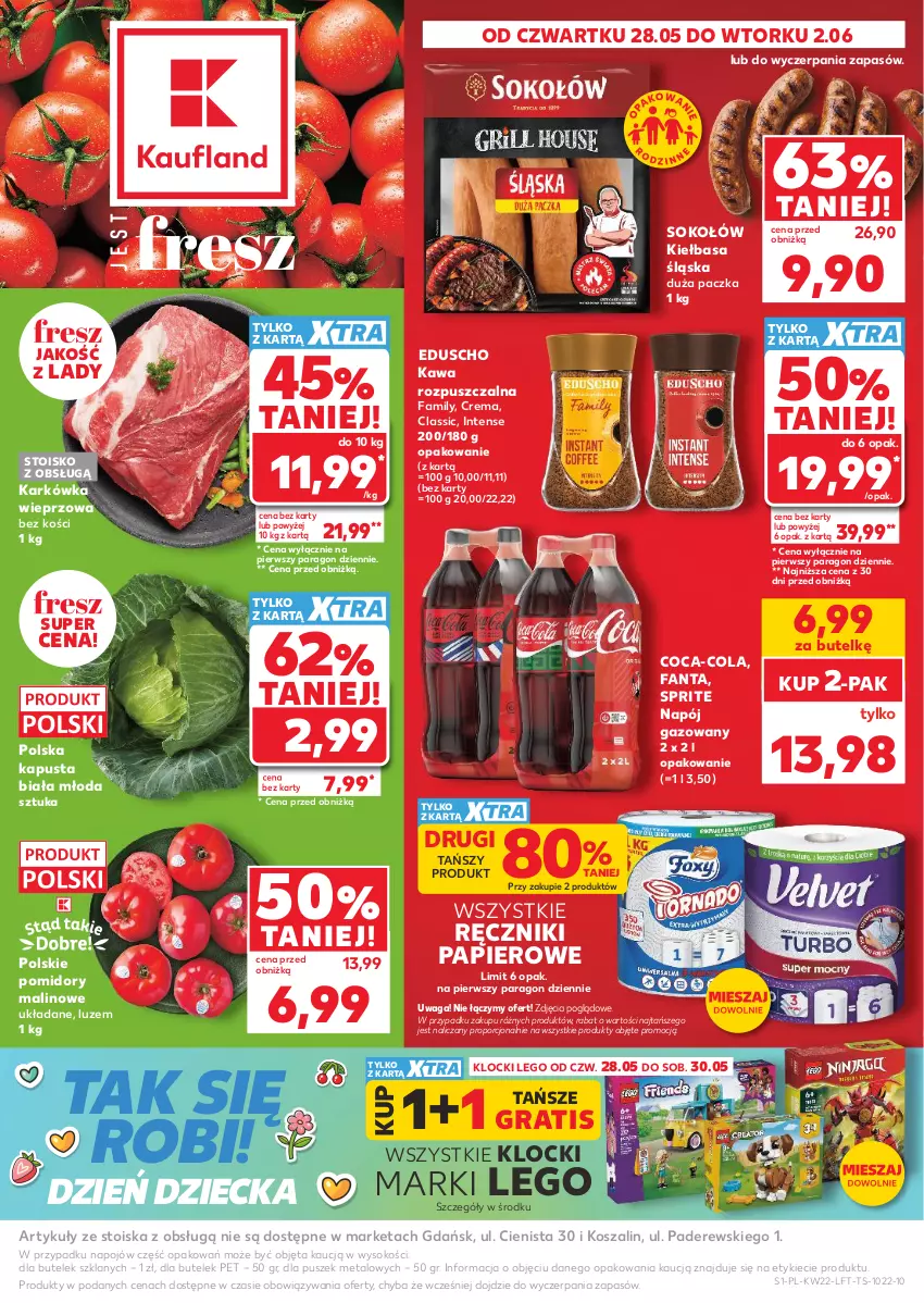 Gazetka promocyjna Kaufland - Gazetka tygodnia - ważna 28.05 do 02.06.2026 - strona 1 - produkty: Coca-Cola, Fa, Fanta, Gra, Karkówka wieprzowa, Kawa, Kawa rozpuszczalna, Kiełbasa, Kiełbasa śląska, Klocki, Kosz, LEGO, Napój, Napój gazowany, Papier, Pomidory, Por, Ręcznik, Ręczniki papierowe, Sok, Sokołów, Sprite, Szal, Waga