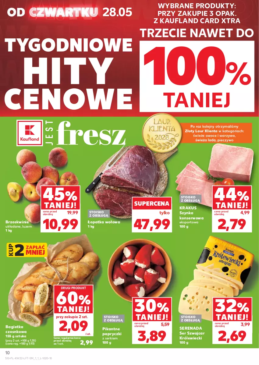 Gazetka promocyjna Kaufland - Gazetka tygodnia - ważna 28.05 do 02.06.2026 - strona 10 - produkty: Bagietka, Bagietka czosnkowa, Brzoskwinie, Krakus, Laur, Olej, Owoce, Piec, Pieczywo, Por, Ser, Sport, Szynka, Szynka konserwowa, Warzywa