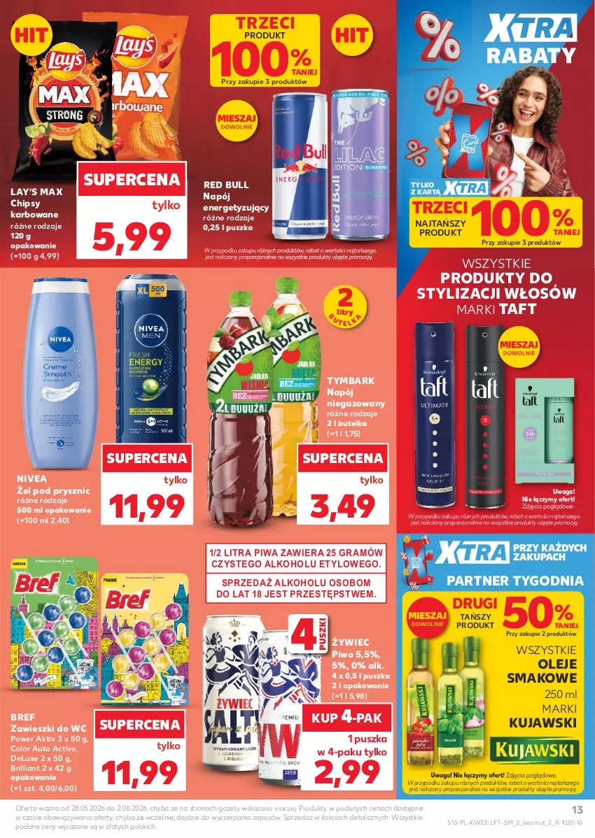 Gazetka promocyjna Kaufland - Gazetka tygodnia - ważna 28.05 do 02.06.2026 - strona 13 - produkty: Bref, Chipsy, Gra, Kujawski, Lay’s, Napój, Napój niegazowany, Nivea, Olej, Piwa, Piwo, Por, Red Bull, Taft, Tymbark, Waga, Zawieszki