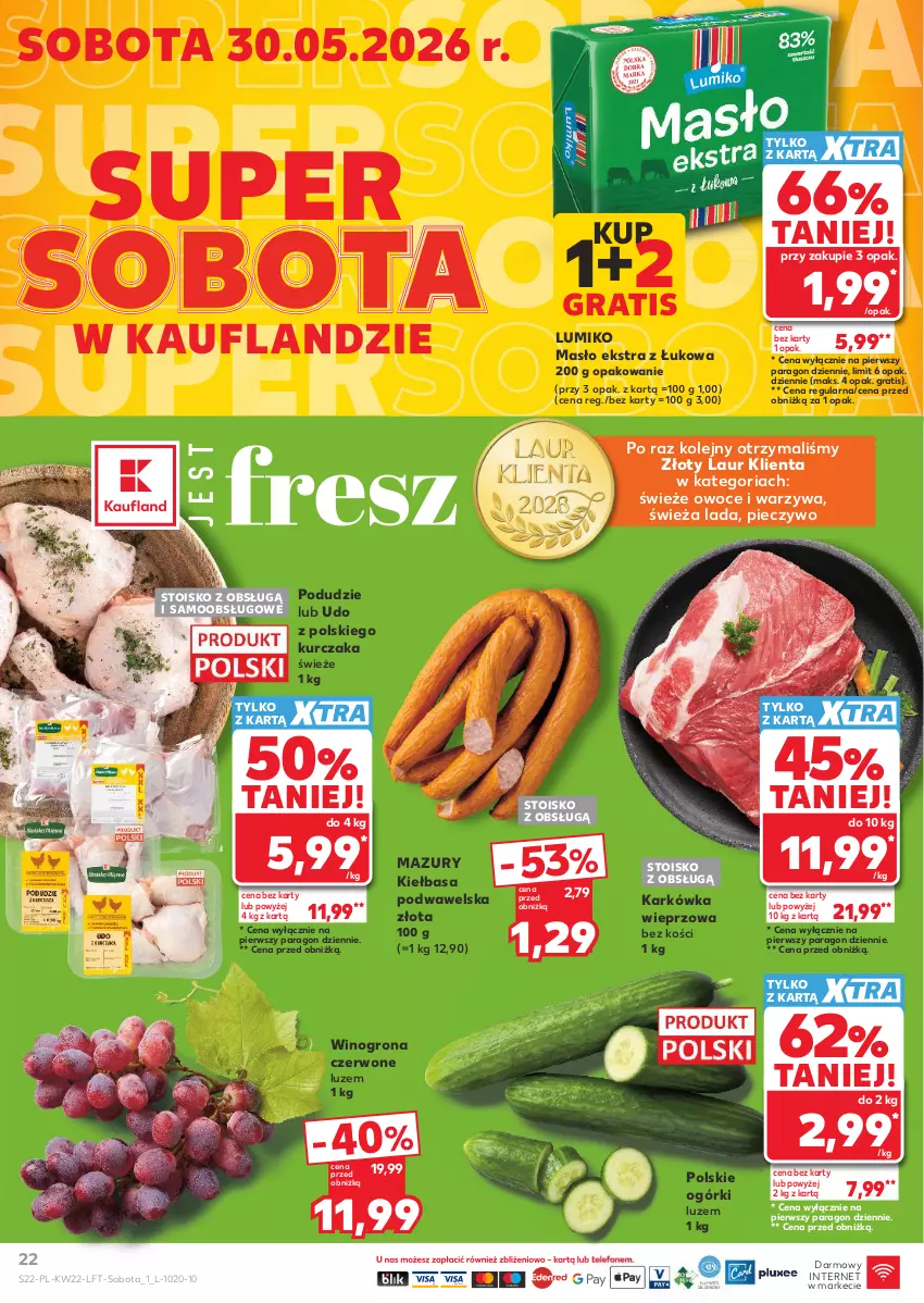 Gazetka promocyjna Kaufland - Gazetka tygodnia - ważna 28.05 do 02.06.2026 - strona 22 - produkty: Gra, Karkówka wieprzowa, Kiełbasa, Kiełbasa podwawelska, Kurczak, Laur, Masło, Olej, Owoce, Piec, Pieczywo, Warzywa, Wawel, Wino, Winogrona