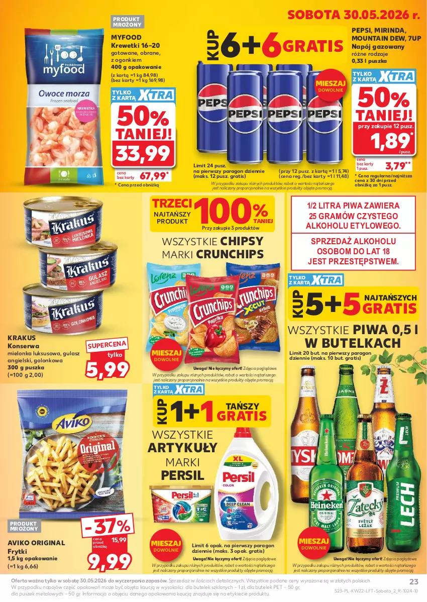 Gazetka promocyjna Kaufland - Gazetka tygodnia - ważna 28.05 do 02.06.2026 - strona 23 - produkty: 7up, Chipsy, Crunchips, Frytki, Gin, Gra, Krakus, Krewetki, Mirinda, Napój, Napój gazowany, Pepsi, Persil, Piwa, Por, Ser, Sok, Waga