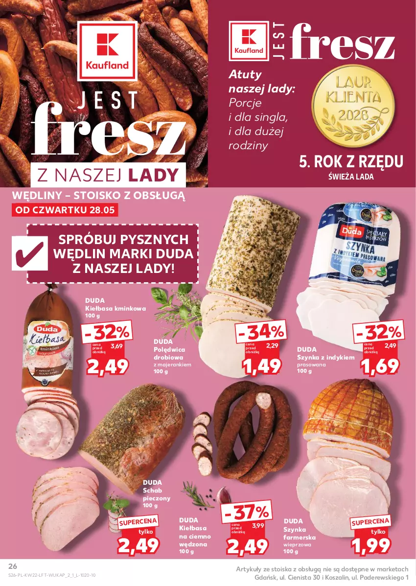 Gazetka promocyjna Kaufland - Gazetka tygodnia - ważna 28.05 do 02.06.2026 - strona 26 - produkty: Duda, Fa, Kiełbasa, Kosz, Piec, Polędwica, Por, Schab pieczony, Szal, Szynka, Szynka farmerska