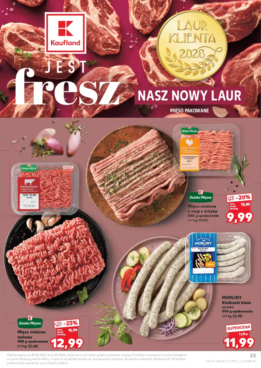 Gazetka promocyjna Kaufland - Gazetka tygodnia - ważna 28.05 do 02.06.2026 - strona 33 - produkty: Kiełbaski białe, Laur, Mięso, Mięso mielone, Morliny
