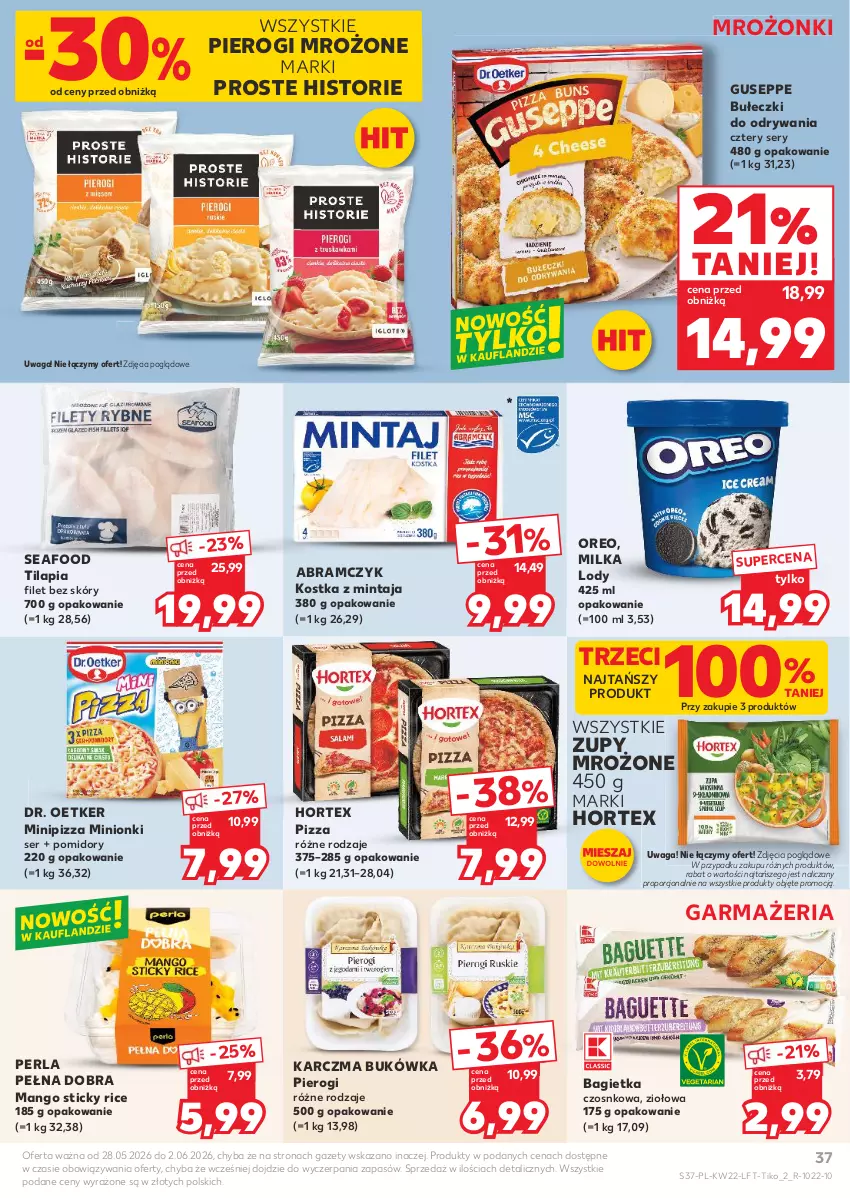 Gazetka promocyjna Kaufland - Gazetka tygodnia - ważna 28.05 do 02.06.2026 - strona 37 - produkty: Bagietka, Bagietka czosnkowa, Bułeczki, Dr. Oetker, Hortex, Lody, Mango, Milka, Mintaj, Oreo, Pierogi, Pizza, Pomidory, Por, Ser, Tilapia, Waga