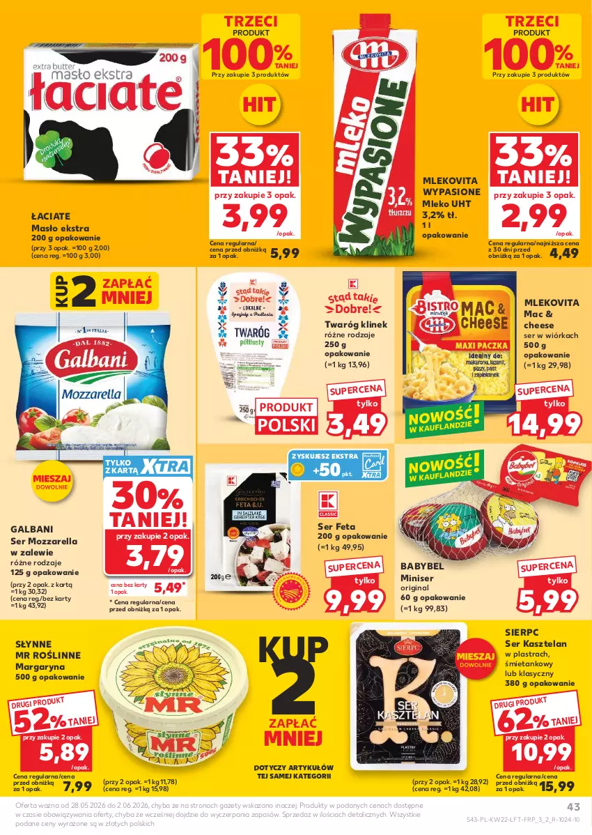 Gazetka promocyjna Kaufland - Gazetka tygodnia - ważna 28.05 do 02.06.2026 - strona 43 - produkty: Feta, Galbani, Gin, Kasztelan, Margaryna, Masło, Mleko, Mlekovita, Mozzarella, Ser, Ser Kasztelan, Słynne, Słynne MR Roślinne, Twaróg