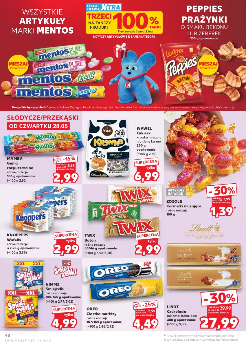 Gazetka promocyjna Kaufland - Gazetka tygodnia - ważna 28.05 do 02.06.2026 - strona 48 - produkty: Baton, Beko, Ciastka, Cukier, Cukierki, Czekolada, Czekolada mleczna, Dres, Guma rozpuszczalna, Knoppers, Lindt, Mamba, Mentos, Mus, Nimm2, Oreo, Por, Twix, Waga, Wawel