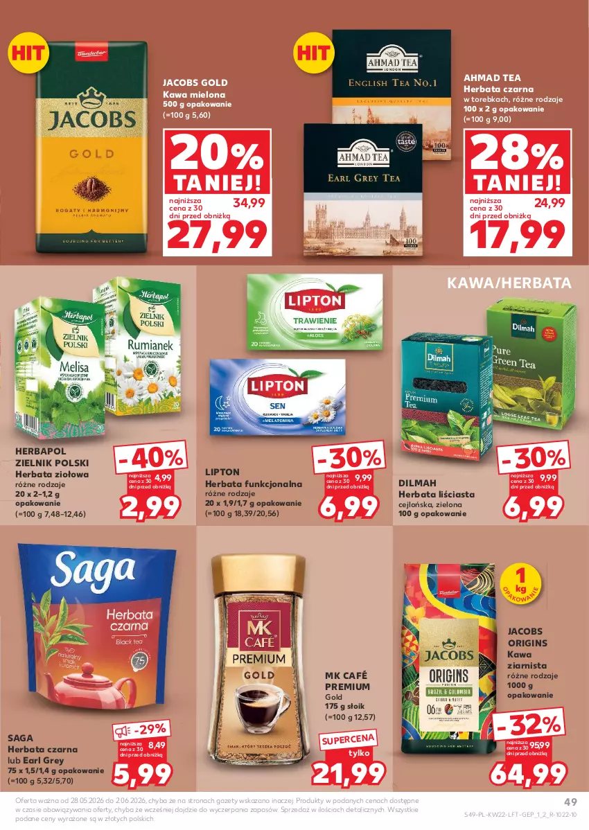 Gazetka promocyjna Kaufland - Gazetka tygodnia - ważna 28.05 do 02.06.2026 - strona 49 - produkty: Dilmah, Earl Grey, Gin, Herbapol, Herbata, Herbata czarna, Jacobs, Kawa, Kawa mielona, Kawa ziarnista, Lipton, Saga, Torebka