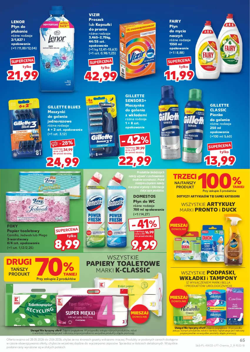 Gazetka promocyjna Kaufland - Gazetka tygodnia - ważna 28.05 do 02.06.2026 - strona 65 - produkty: Bell, Bella, Do mycia naczyń, Domestos, Duck, Fa, Fairy, Foxy, Gillette, Kapsułki do prania, Lenor, Maszynka, Maszynka do golenia, Papier, Papier toaletowy, Pianka do golenia, Płyn do mycia, Płyn do mycia naczyń, Płyn do płukania, Płyn do wc, Podpaski, Por, Pronto, Szynka, Tampony, Vizir, Waga, Wkładki