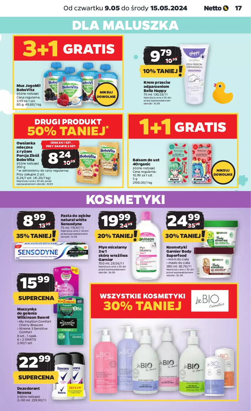 Gazetka promocyjna Netto - Od Czwartku - ważna 09.05 do 15.05.2024 - strona 17 - produkty: Balsam do ust, Bell, Bella, BoboVita, Body, Dezodorant, Garnier, Gra, Krem do ciała, Masło, Masło do ciała, Maszynka, Maszynka do golenia, Mus, Owsianka, Pasta do zębów, Piwa, Płyn micelarny, Por, Rexona, Ryż, Sensodyne, Szynka, Vita C, Wilkinson Sword