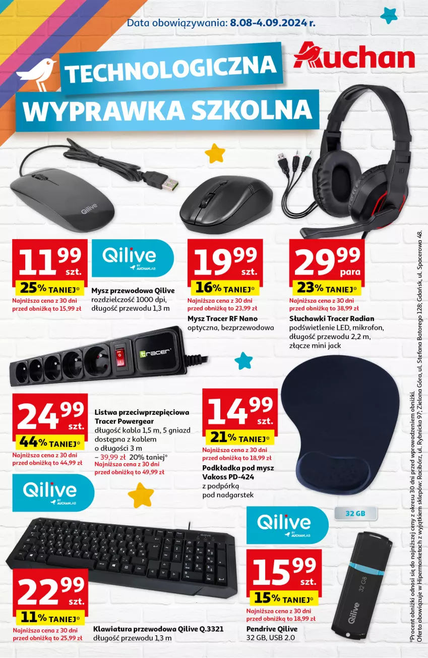 Gazetka promocyjna Auchan - Technologiczna wyprawka szkolna Hipermarket - ważna 08.08 do 04.09.2024 - strona 1 - produkty: Acer, Fa, Klawiatura, Listwa, Mikrofon, Mysz, Pendrive, Podkład, Podkładka, Podkładka pod mysz, Słuchawki