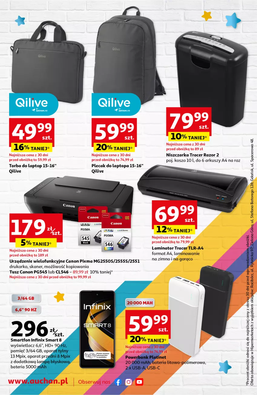 Gazetka promocyjna Auchan - Technologiczna wyprawka szkolna Hipermarket - ważna 08.08 do 04.09.2024 - strona 2 - produkty: Acer, Bateria, Canon, Drukarka, Fa, Kosz, Niszczarka, Plecak, Skaner, Smartfon, Top, Torba, Tusz, Urządzenie wielofunkcyjne