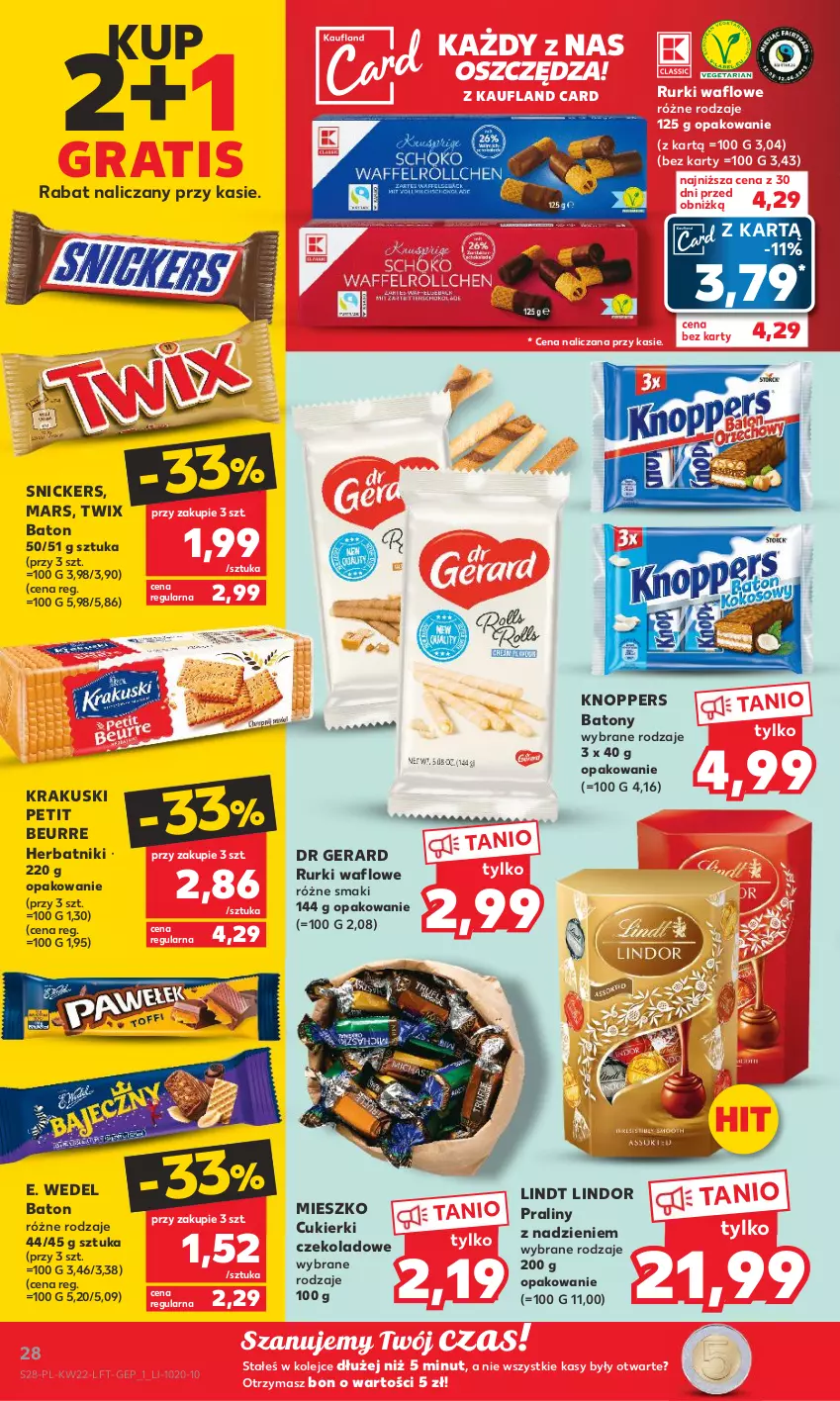 Gazetka promocyjna Kaufland - Gazetka tygodnia - ważna 01.06 do 06.06.2023 - strona 28 - produkty: Baton, Cukier, Cukierki, Cukierki czekoladowe, Dr Gerard, E. Wedel, Gra, Herbatniki, Knoppers, Krakus, Krakuski, Lindor, Lindt, Mars, Olej, Praliny, Rurki, Snickers, Twix