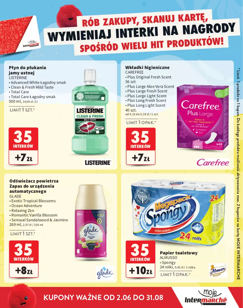 Gazetka promocyjna Intermarche - Katalog Interki - ważna 02.06 do 31.08.2025 - strona 23 - produkty: Aloe vera, Carefree, Gin, Listerine, Mus, Odświeżacz powietrza, Papier, Papier toaletowy, Płyn do płukania, Płyn do płukania jamy ustnej, Rolki, Sensual, Tropical, Wkładki