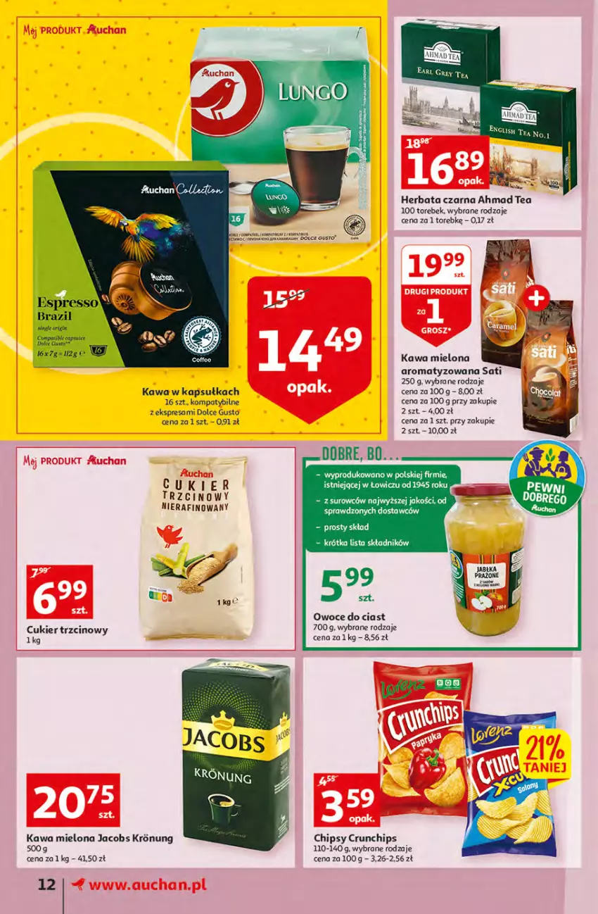 Gazetka promocyjna Auchan - Megapromocje są w cenie Supermarkety - ważna 12.05 do 18.05.2022 - strona 12 - produkty: Chipsy, Crunchips, Cukier, Cukier trzcinowy, Fa, Gin, Herbata, Herbata czarna, Kawa, Kawa mielona, Owoce, Sati