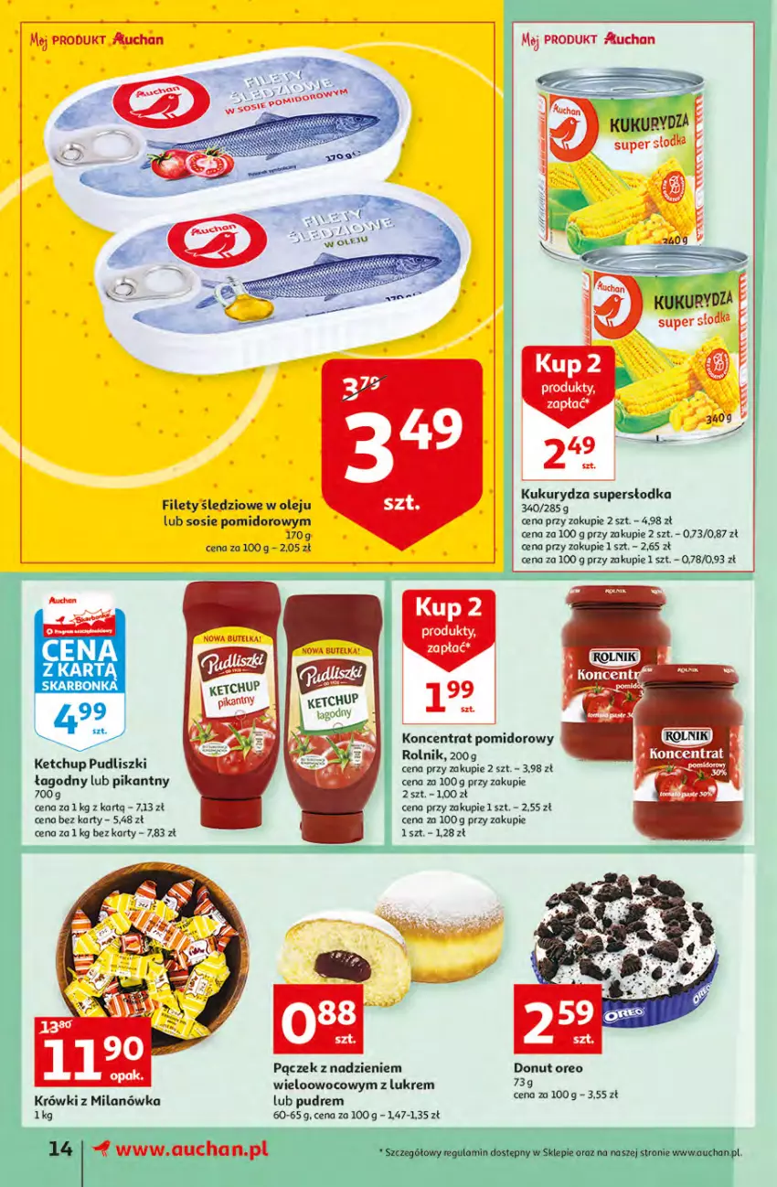 Gazetka promocyjna Auchan - Megapromocje są w cenie Supermarkety - ważna 12.05 do 18.05.2022 - strona 14 - produkty: Donut, Ketchup, Koncentrat pomidorowy, Kukurydza, Olej, Oreo, Pączek, Pudliszki, Rolnik, Sos