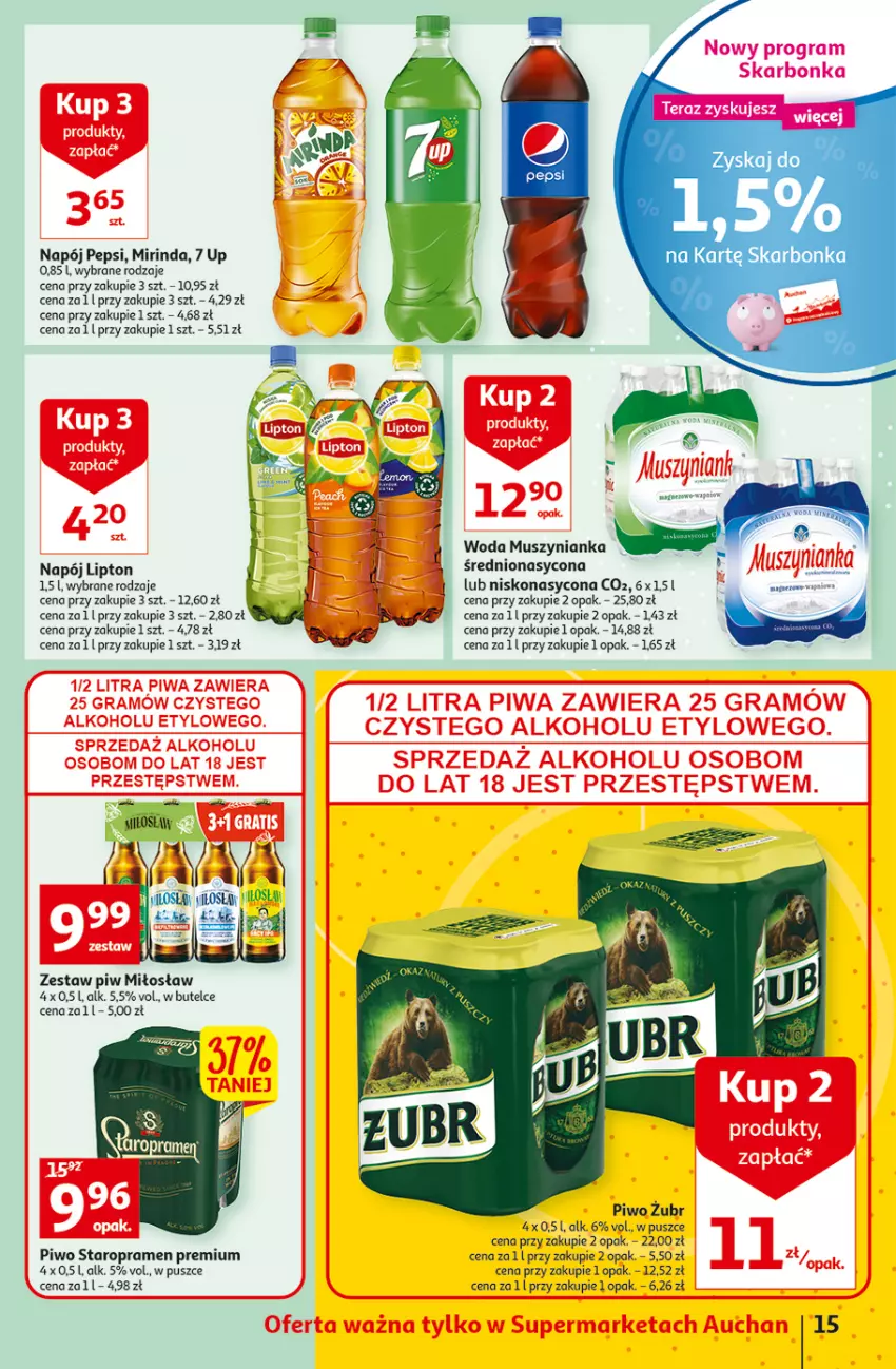Gazetka promocyjna Auchan - Megapromocje są w cenie Supermarkety - ważna 12.05 do 18.05.2022 - strona 15 - produkty: Lipton, Mirinda, Mus, Muszynianka, Napój, Pepsi, Piwo, Woda