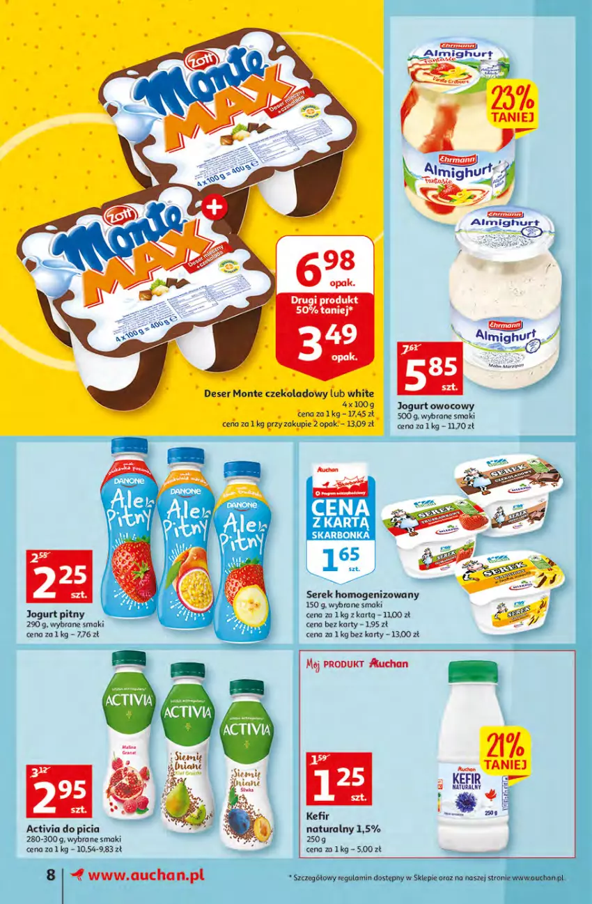 Gazetka promocyjna Auchan - Megapromocje są w cenie Supermarkety - ważna 12.05 do 18.05.2022 - strona 8 - produkty: Activia, Fa, Jogurt, Jogurt owocowy, Jogurt pitny, Kefir, Kefir naturalny, Monte, Ser, Serek, Serek homogenizowany, Tera
