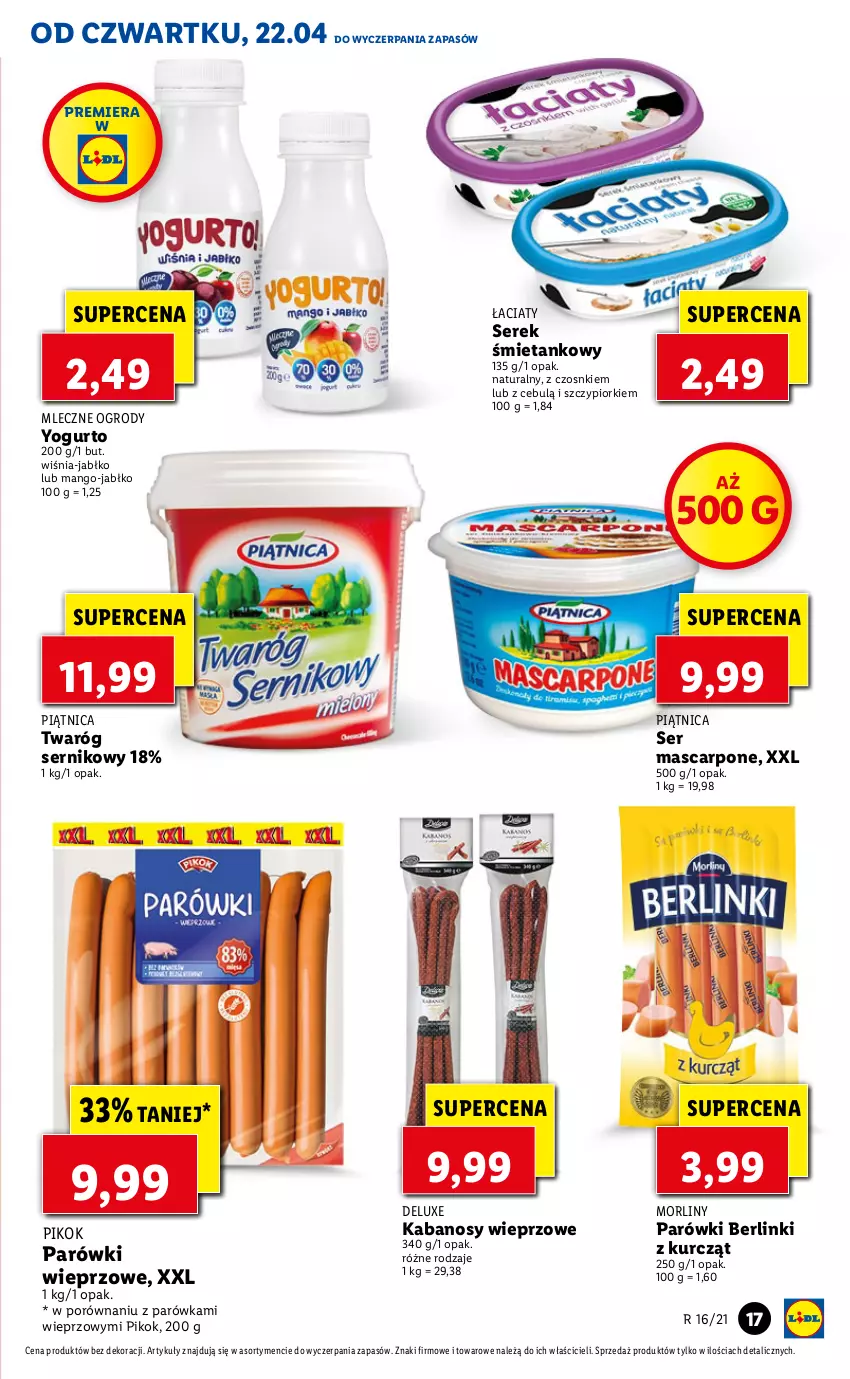 Gazetka promocyjna Lidl - GAZETKA - ważna 22.04 do 25.04.2021 - strona 17 - produkty: Berlinki, Kabanos, Mango, Mascarpone, Morliny, Parówki, Piątnica, PIKOK, Por, Ser, Serek, Twaróg