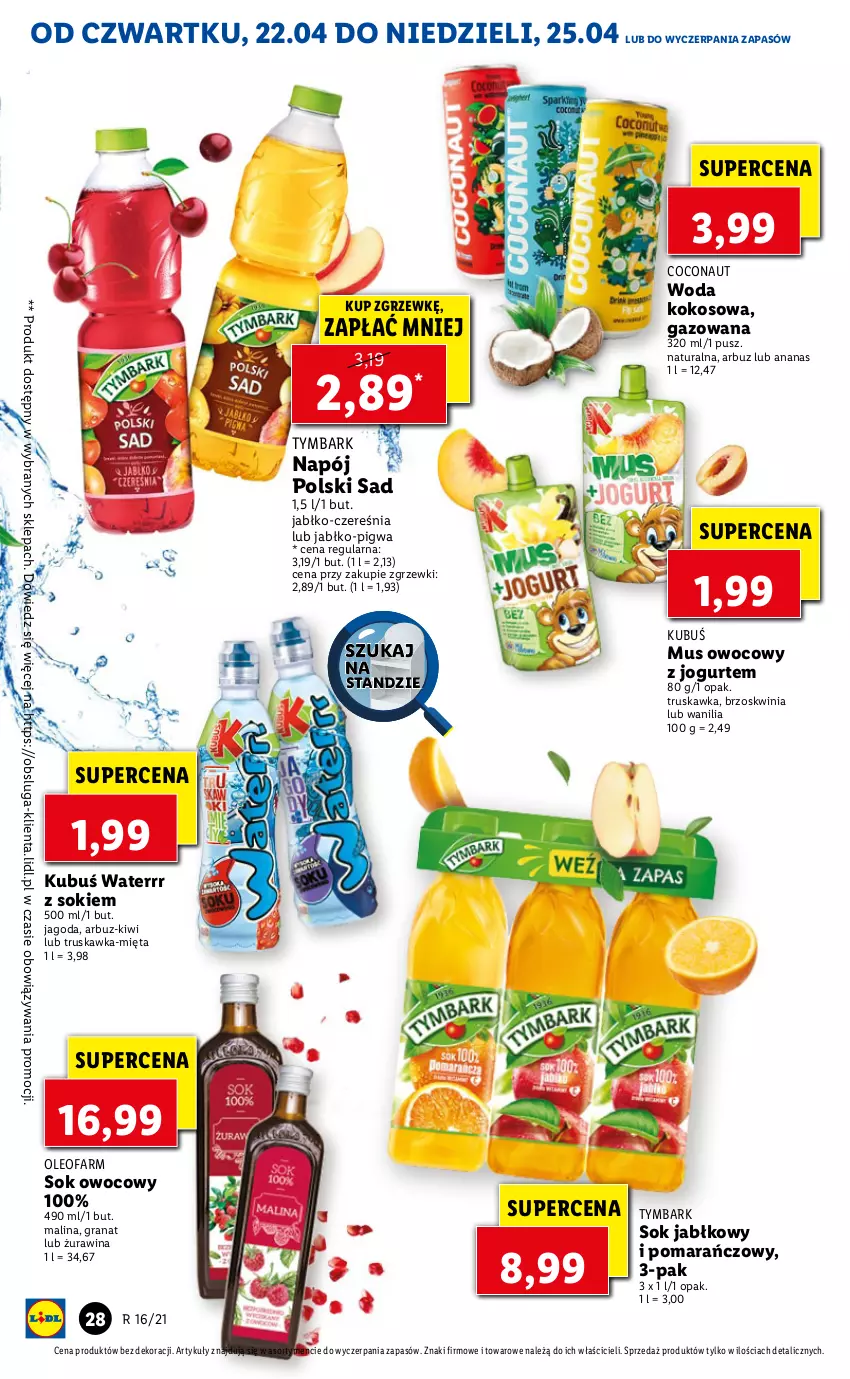 Gazetka promocyjna Lidl - GAZETKA - ważna 22.04 do 25.04.2021 - strona 28 - produkty: Ananas, Arbuz, Fa, Gra, Granat, Jogurt, Kiwi, Kokos, Kubuś, Kubuś Waterrr, Mięta, Mus, Napój, Oleo, Oleofarm, Sok, Sok jabłkowy, Tymbark, Woda