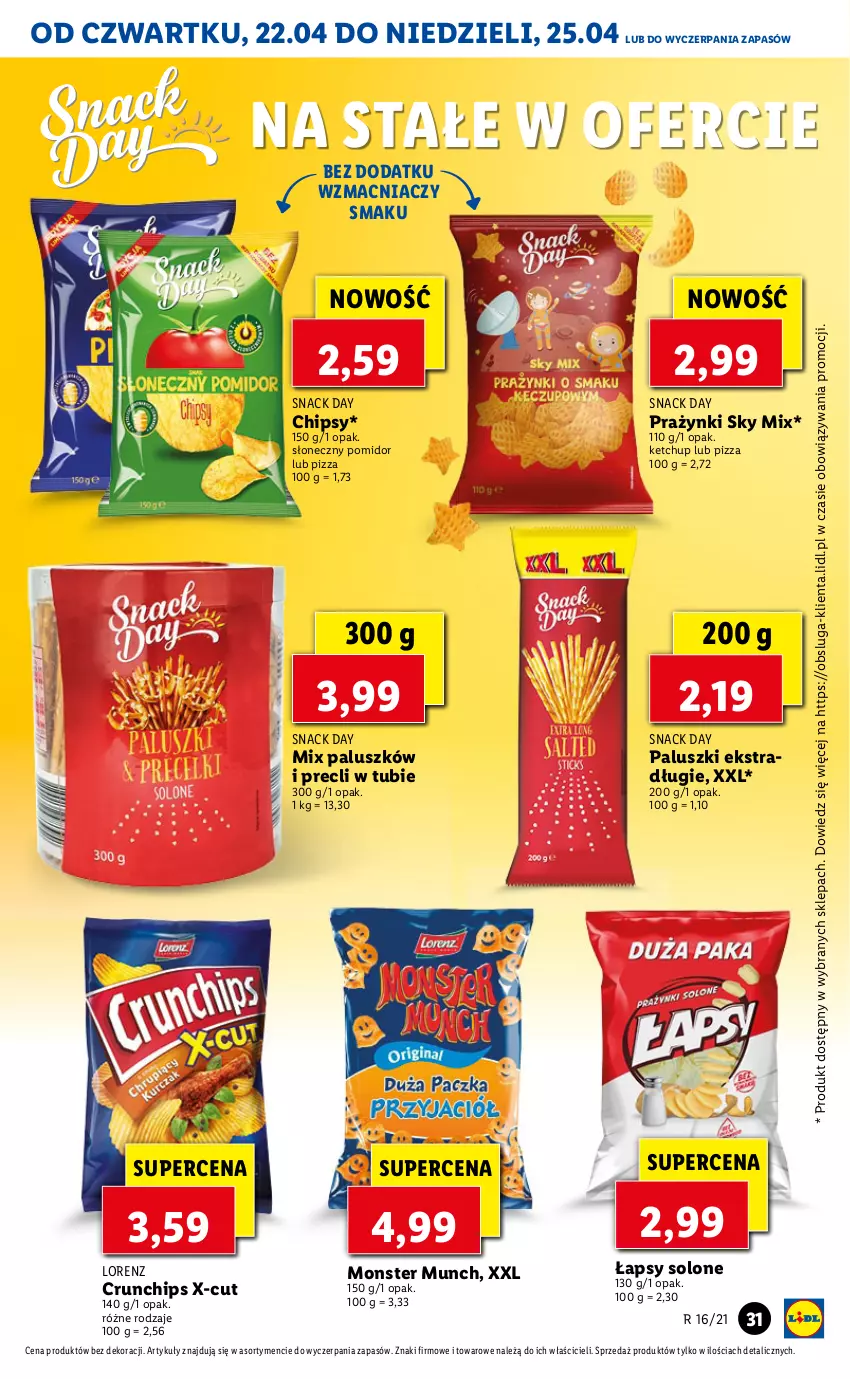 Gazetka promocyjna Lidl - GAZETKA - ważna 22.04 do 25.04.2021 - strona 31 - produkty: Chipsy, Crunchips, Ketchup, Lorenz, Monster Munch, Pizza