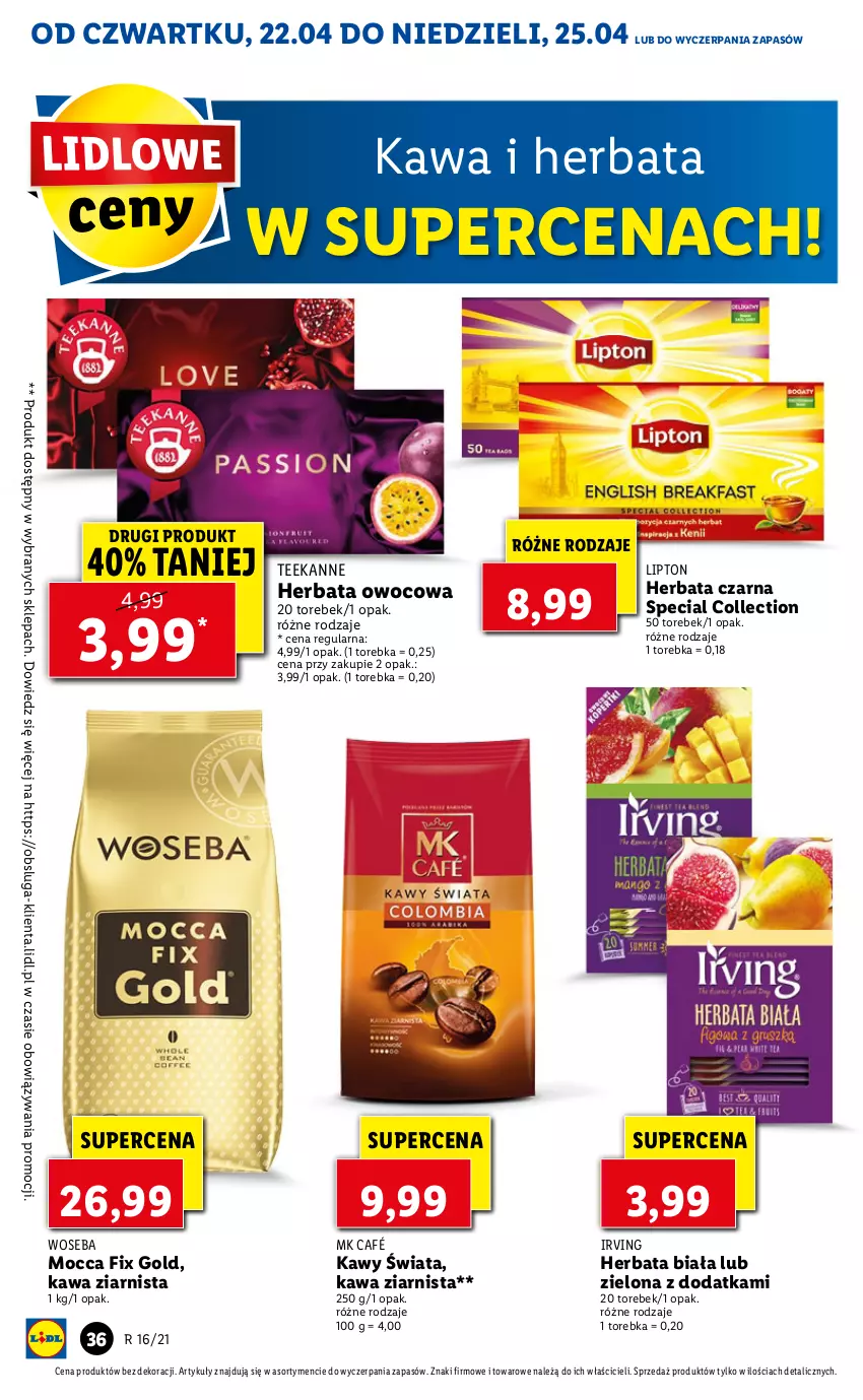 Gazetka promocyjna Lidl - GAZETKA - ważna 22.04 do 25.04.2021 - strona 36 - produkty: Herbata, Herbata czarna, Herbata owocowa, Irving, Kawa, Kawa ziarnista, Lipton, Mocca Fix Gold, Teekanne, Torebka, Woseba