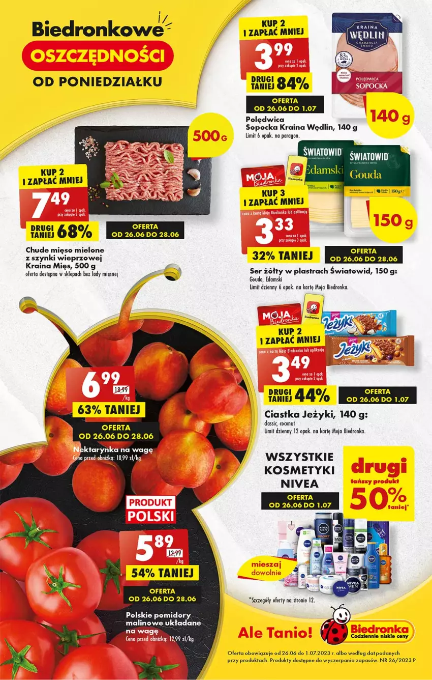 Gazetka promocyjna Biedronka - Od poniedzialku - ważna 26.06 do 01.07.2023 - strona 1 - produkty: Brie, Ciastka, Edam, Gouda, Jeżyki, Mięso, Mięso mielone, Nivea, Polędwica, Pomidory, Ser