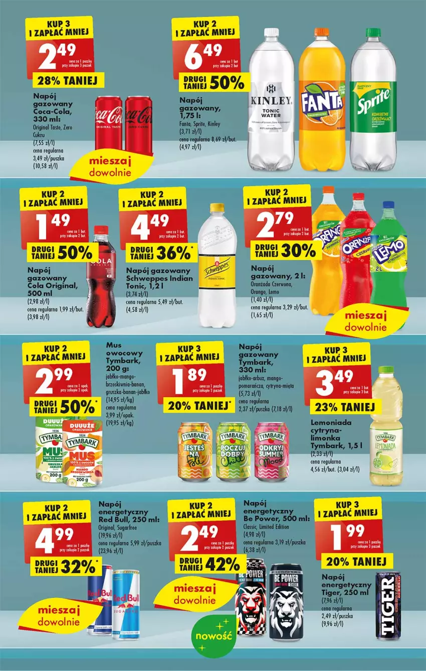 Gazetka promocyjna Biedronka - Od poniedzialku - ważna 26.06 do 01.07.2023 - strona 41 - produkty: Arbuz, Coca-Cola, Fa, Gin, Lemoniada, Limonka, Mango, Mięta, Mus, Napój, Napój gazowany, Oleo, Oranżada, Por, Red Bull, Schweppes, Tiger, Tymbark