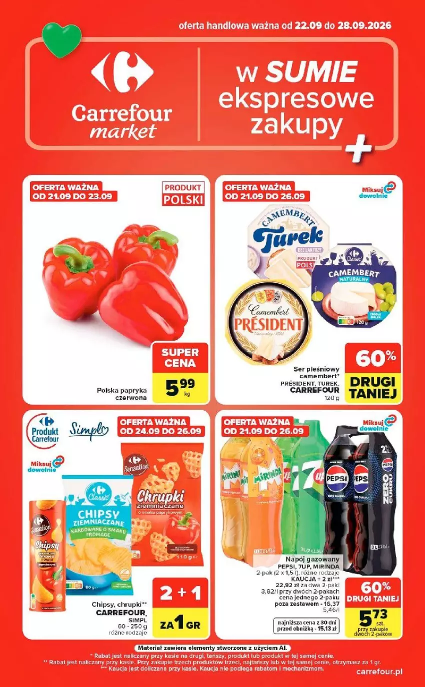 Gazetka promocyjna Carrefour - Gazetka Market w SUMIE ekspresowe zakupy - ważna 22.09 do 28.09.2026 - strona 1 - produkty: 7up, Chipsy, Chrupki, Fa, Mirinda, Napój, Napój gazowany, Pepsi, Ser, Ser pleśniowy