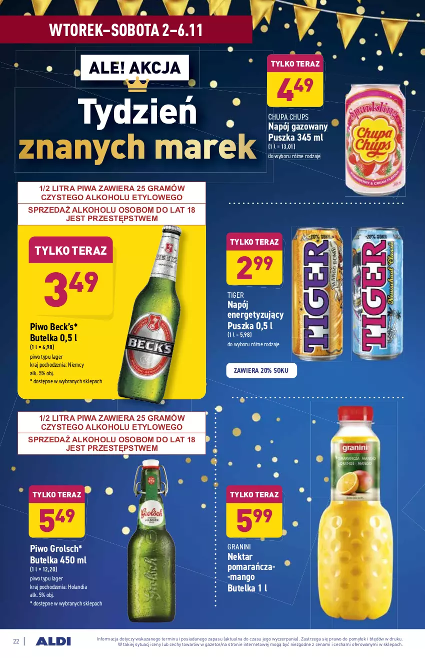 Gazetka promocyjna Aldi - ważna 02.11 do 06.11.2021 - strona 22 - produkty: Chupa Chups, Gra, Mango, Napój, Napój gazowany, Nektar, Piwa, Piwo, Sok, Tera, Tiger