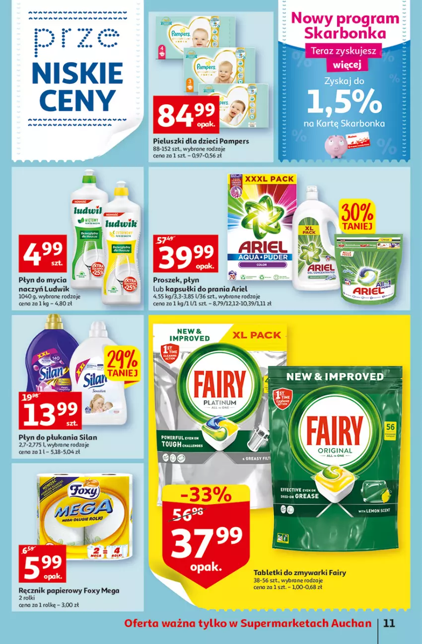 Gazetka promocyjna Auchan - przeNISKIE CENY z Markami Auchan Supermarkety - ważna 09.06 do 15.06.2022 - strona 11 - produkty: Ariel, Dzieci, Fa, Fairy, Foxy, Gra, Kapsułki do prania, Ludwik, Pampers, Papier, Płyn do mycia, Płyn do płukania, Ręcznik, Rolki, Ryż, Silan, Tablet, Tabletki do zmywarki, Zmywarki