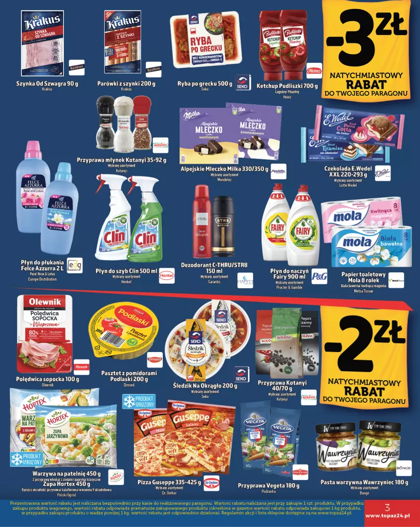 Gazetka promocyjna Topaz - Gazetka - ważna 17.10 do 01.12.2024 - strona 3 - produkty: Clin, Czekolada, Dezodorant, Dr. Oetker, Fa, Fairy, Gra, Heinz, Hortex, Kalafior, Ketchup, Krakus, Milka, Mleczko, Młynek, Mola, Ogród, Olewnik, Papier, Papier toaletowy, Papryka, Parówki, Pasta warzywna, Pizza, Płyn do płukania, Płyn do szyb, Podlaski, Polędwica, Pudliszki, Ryba, Ryba po grecku, SEKO, Str8, Szynka, Top, Vegeta, Warzywa, Wełna, Ziele angielskie, Zupa