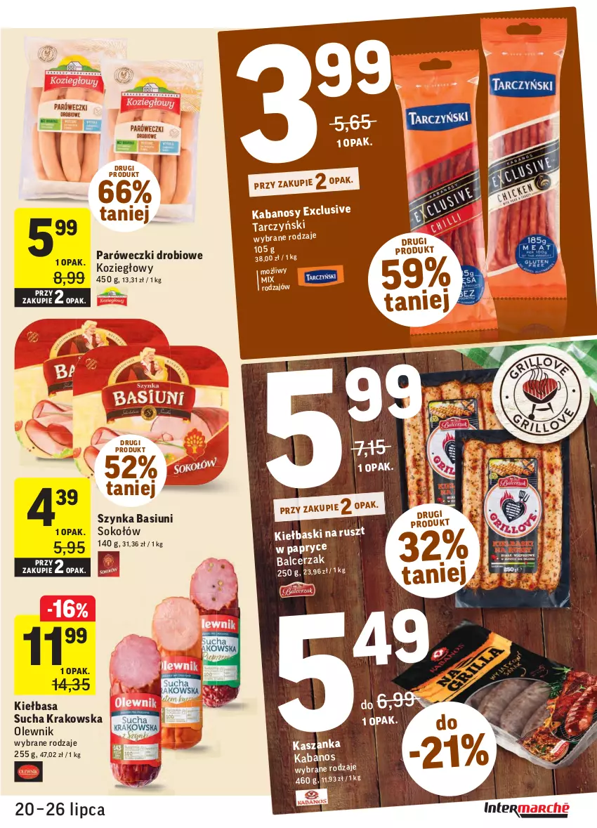 Gazetka promocyjna Intermarche - Gazetka promocyjna - ważna 20.07 do 26.07.2021 - strona 13 - produkty: Kabanos, Kasza, Kaszanka, Kiełbasa, Olewnik, Sok, Sokołów, Szynka, Tarczyński