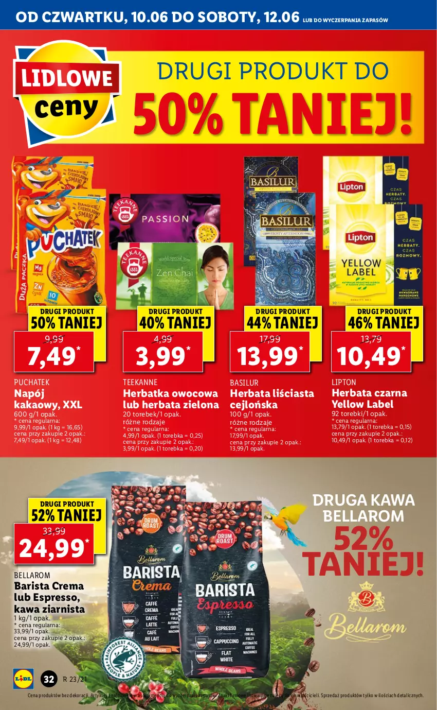 Gazetka promocyjna Lidl - GAZETKA - ważna 10.06 do 12.06.2021 - strona 32 - produkty: Bell, Bella, Herbata, Herbata czarna, Kakao, Kawa, Kawa ziarnista, Lipton, Napój, Teekanne, Torebka