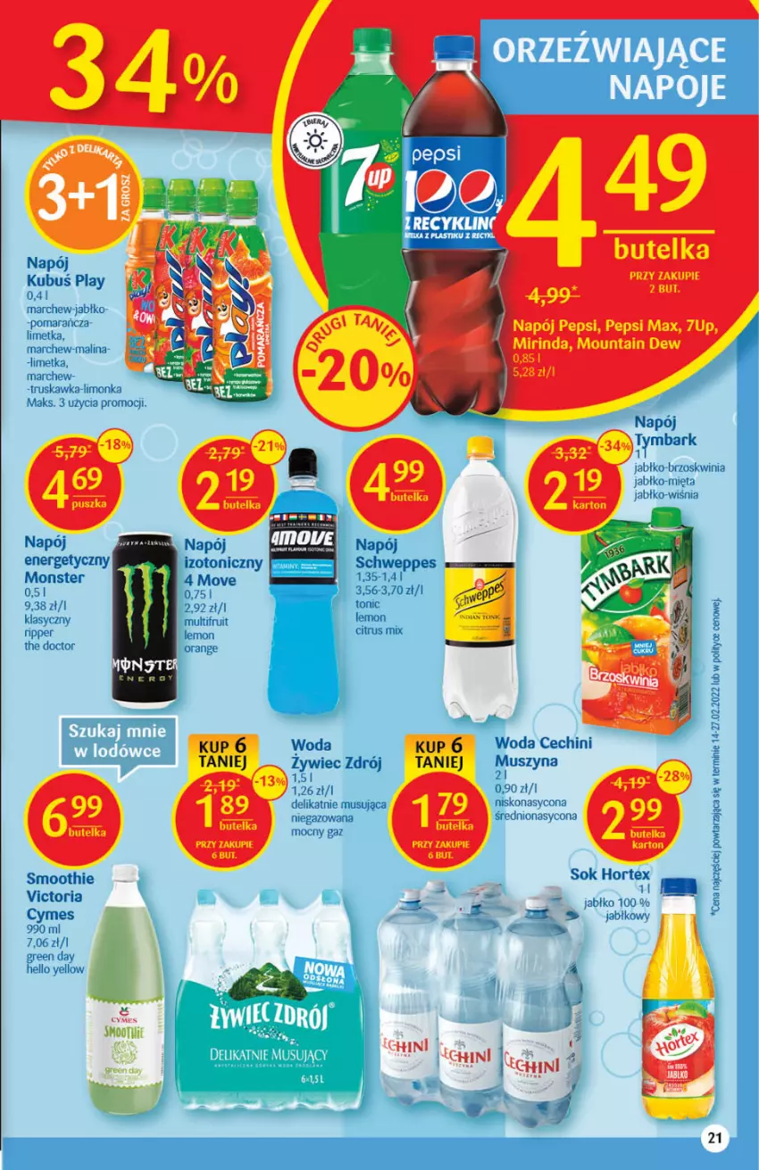 Gazetka promocyjna Delikatesy Centrum - Gazetka DC17 - ważna 05.05 do 11.05.2022 - strona 21 - produkty: 7up, Kubuś, LG, Limonka, Mięta, Mirinda, Mus, Napój, Napój energetyczny, Pepsi, Pepsi max, Schweppes, Szyna, Woda