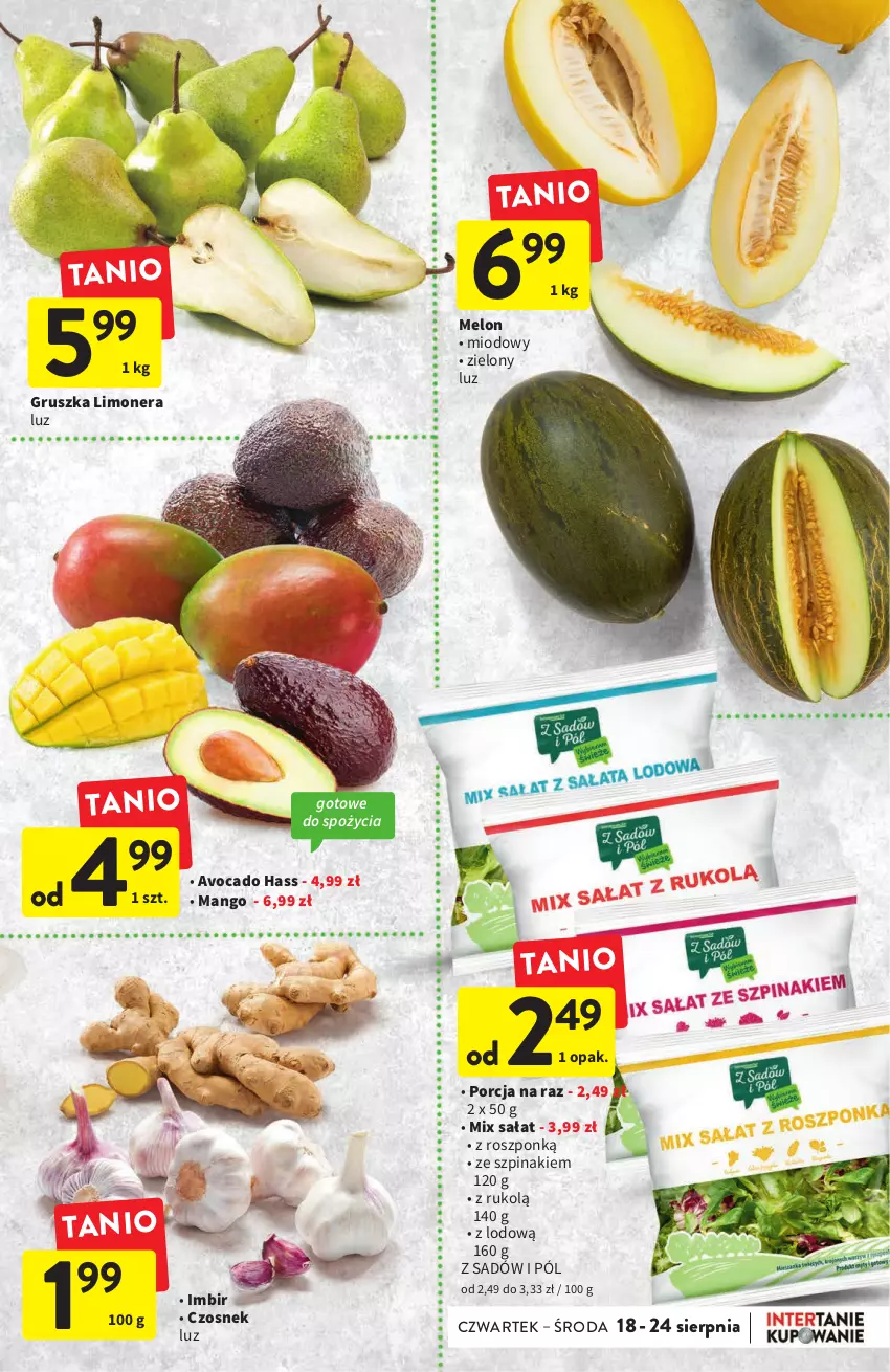 Gazetka promocyjna Intermarche - ważna 18.08 do 24.08.2022 - strona 13 - produkty: Avocado, Czosnek, Imbir, Mango, Melon, Por, Sałat, Szpinak