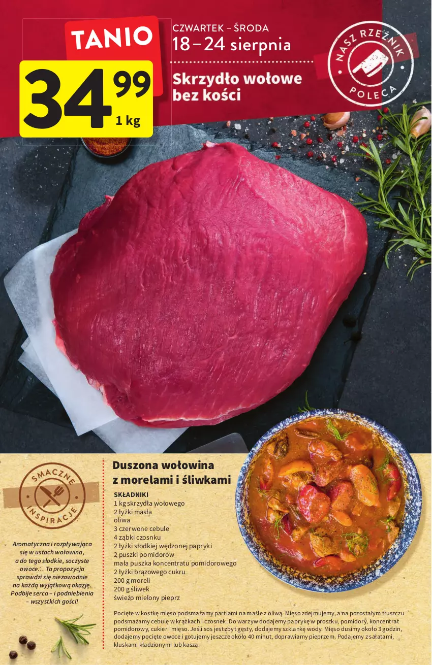 Gazetka promocyjna Intermarche - ważna 18.08 do 24.08.2022 - strona 14 - produkty: Cukier, Czosnek, Koncentrat pomidorowy, Mięso, Morela, Oliwa, Owoce, Pieprz, Pomidory, Sałat, Ser, Sos, Wołowina