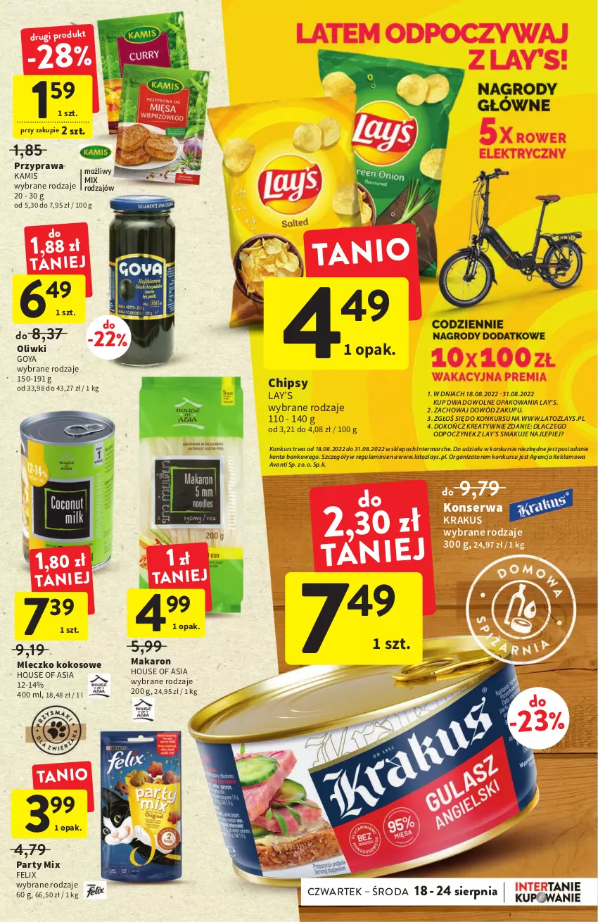 Gazetka promocyjna Intermarche - ważna 18.08 do 24.08.2022 - strona 29 - produkty: Chipsy, Felix, House of Asia, Kamis, Kokos, Krakus, Lay’s, Makaron, Mleczko, Oliwki, Ser