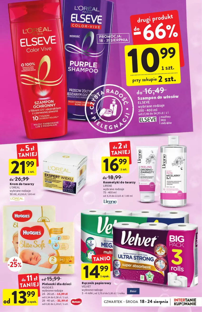 Gazetka promocyjna Intermarche - ważna 18.08 do 24.08.2022 - strona 33 - produkty: Dzieci, Elseve, Huggies, Krem do twarzy, Lirene, Papier, Ręcznik, Rolki, Szampon, Velvet