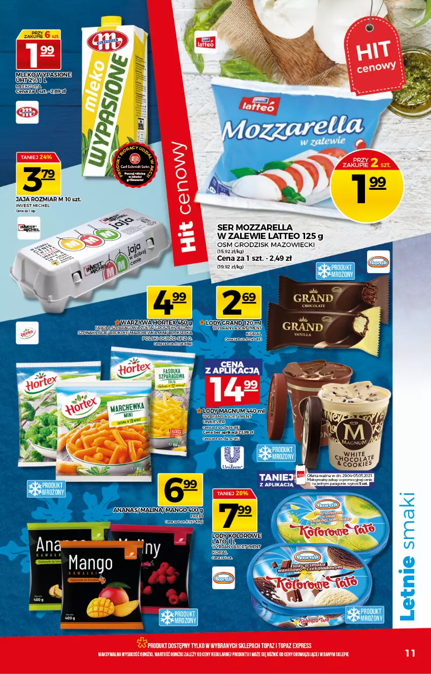 Gazetka promocyjna Topaz - Gazetka - ważna 29.04 do 05.05.2021 - strona 11 - produkty: Ananas, Brokuły, Brukselka, Fa, Gra, Groszek, Jaja, Lody, Mango, Marchewka, Mozzarella, Ogród, Ser, Sok, Szpinak, Top, Warzywa