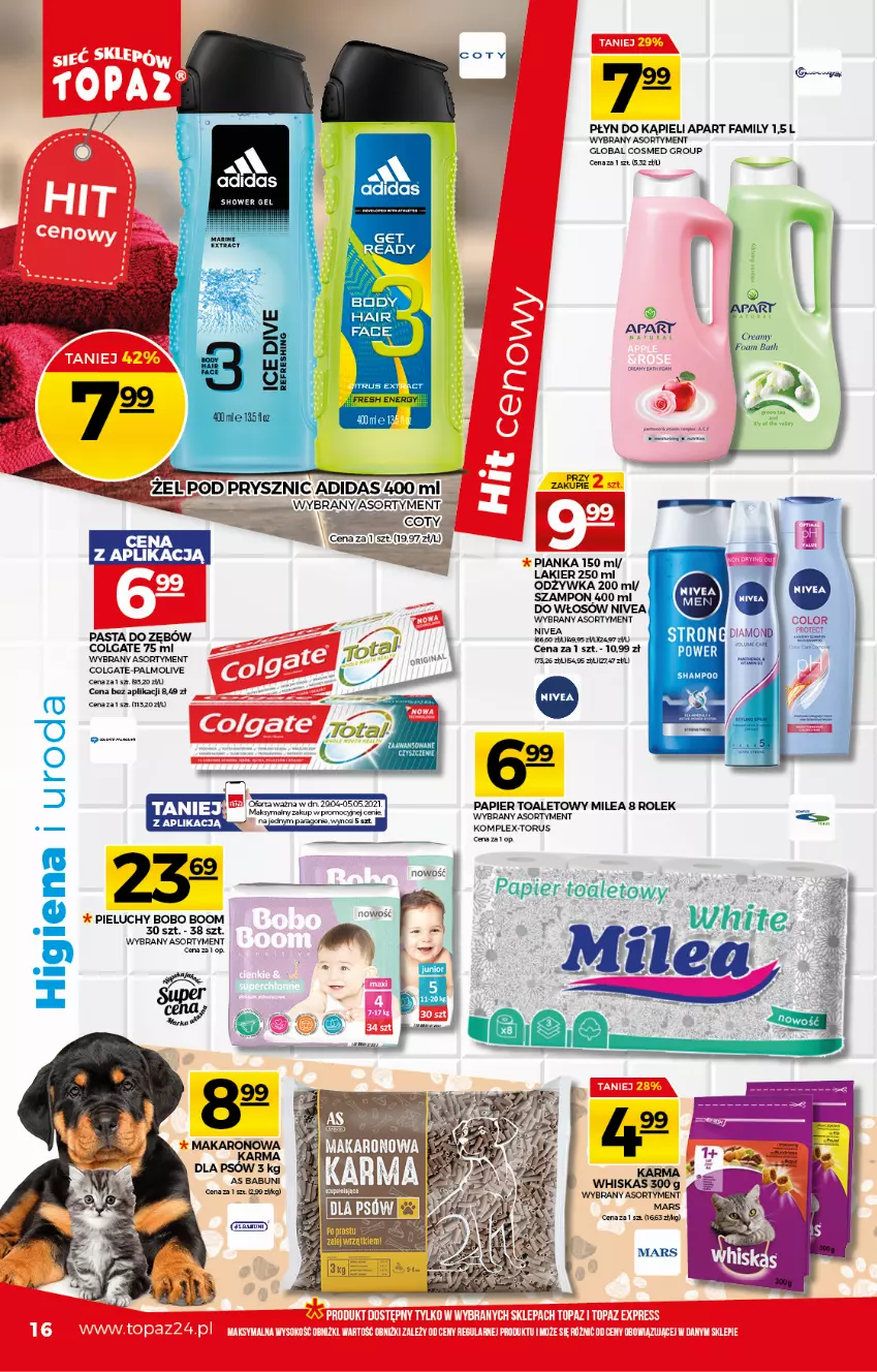 Gazetka promocyjna Topaz - Gazetka - ważna 29.04 do 05.05.2021 - strona 16 - produkty: Adidas, Bosch, Colgate, Fa, Gin, LG, Mars, Nivea, Odżywka, Palmolive, Papier, Pasta do zębów, Pieluchy, Płyn do kąpieli, Szampon, Whiskas