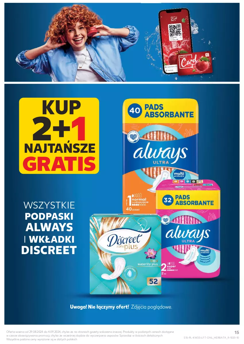 Gazetka promocyjna Kaufland - Gazetka tygodnia - ważna 29.08 do 04.09.2024 - strona 15 - produkty: Always, Discreet, Gra, Herbata, Podpaski, Waga, Wkładki