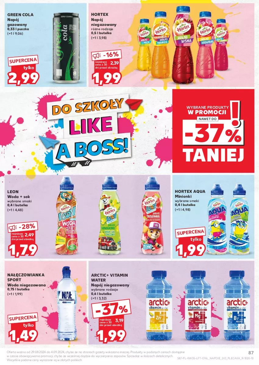 Gazetka promocyjna Kaufland - Gazetka tygodnia - ważna 29.08 do 04.09.2024 - strona 87 - produkty: Hortex, Leon, Nałęczowianka, Napój, Napój gazowany, Napój niegazowany, Napoje, Plecak, Por, Sok, Sport, Woda, Woda niegazowana