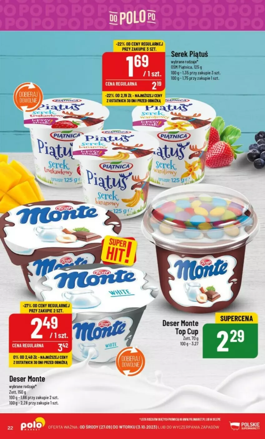 Gazetka promocyjna PoloMarket - ważna 27.09 do 03.10.2023 - strona 15 - produkty: Deser, Monte, Piątnica, Ser, Serek, Top, Zott