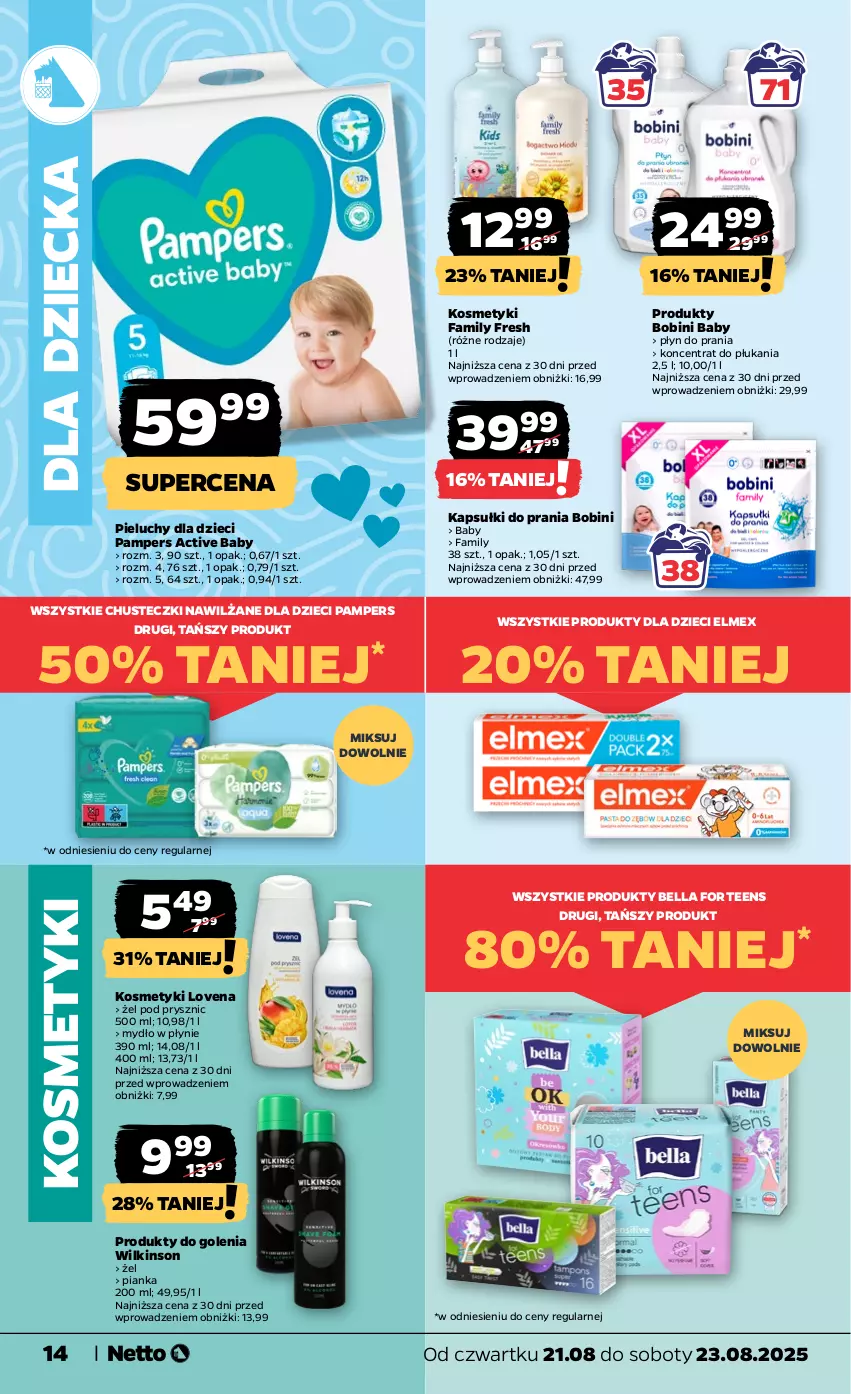 Gazetka promocyjna Netto - Od Czwartku - ważna 21.08 do 23.08.2025 - strona 14 - produkty: Bell, Bella, Chusteczki, Dzieci, Elmex, Fa, Kapsułki do prania, Mydło, Mydło w płynie, Pampers, Pieluchy, Płyn do prania