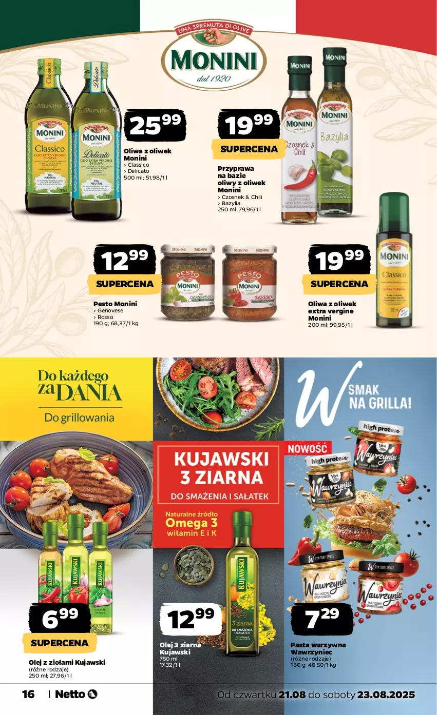 Gazetka promocyjna Netto - Od Czwartku - ważna 21.08 do 23.08.2025 - strona 16 - produkty: Bazyl, Bazylia, Czosnek, Gin, Kujawski, Monini, Olej, Oliwa, Oliwa z oliwek, Pasta warzywna, Pesto