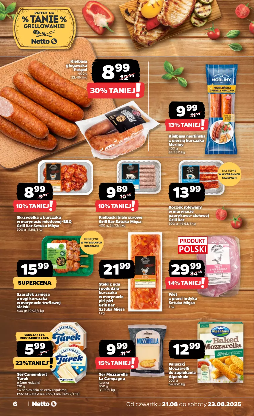 Gazetka promocyjna Netto - Od Czwartku - ważna 21.08 do 23.08.2025 - strona 6 - produkty: Boczek, Camembert, Filet z piersi indyka, Grill, Kiełbasa, Kiełbasa głogowska, Kiełbaski białe, Kurczak, Morliny, Mozzarella, Pekpol, Ser, Skrzydełka z kurczaka, Stek