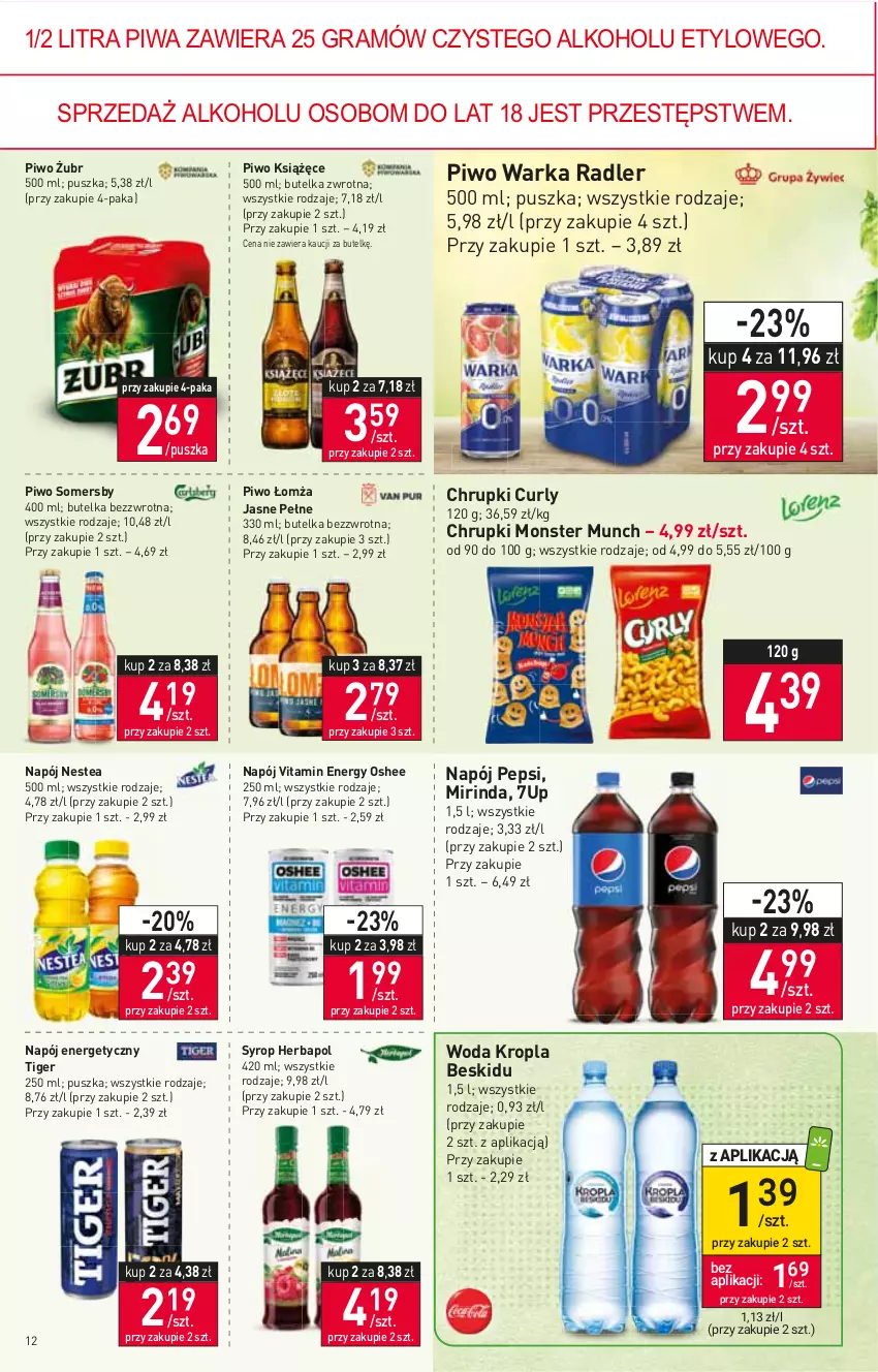 Gazetka promocyjna Stokrotka - Supermarket - ważna 15.06 do 22.06.2022 - strona 12 - produkty: 7up, Chrupki, Gra, Herbapol, Książęce, Mirinda, Monster Munch, Napój, Napój energetyczny, Nestea, Oshee, Pepsi, Piwa, Piwo, Radler, Somersby, Syrop, Tiger, Warka, Woda