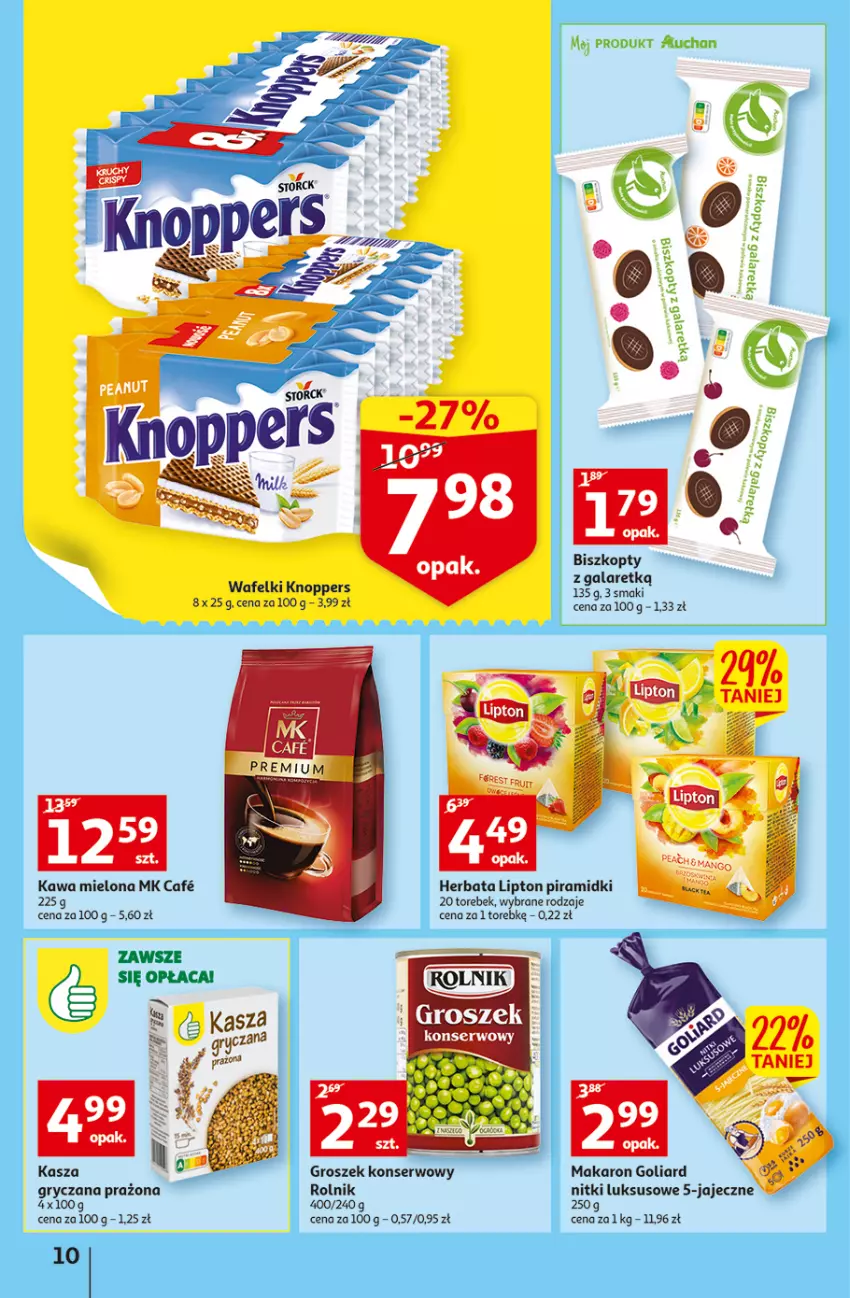 Gazetka promocyjna Auchan - Gazetka przeNISKIE CENY – przeWybór z MAXI PAKAMI Supermarkety - ważna 15.09 do 21.09.2022 - strona 10 - produkty: Biszkopty, Gala, Goliard, Groszek, Gry, Herbata, Kawa, Kawa mielona, Knoppers, Lipton, Makaron, Rolnik, Ser